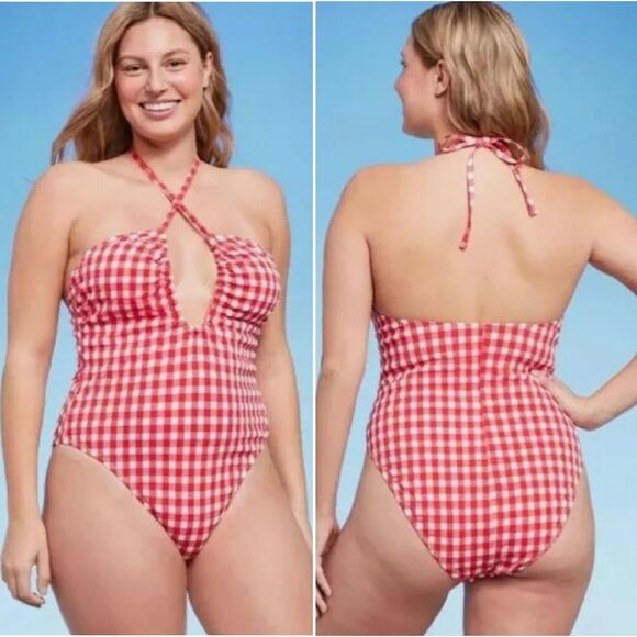 Wild Fable Red Gingham Halter Neck High Leg One Piece Swimsuit XL - Picture 1 of 16
